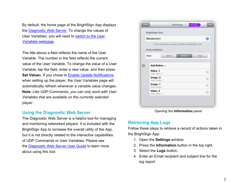 Using the diagnostic web server, Retrieving app logs, Web server | Diagnostic | BrightSign App User Guide v. 1.0.1 User Manual | Page 9 / 14