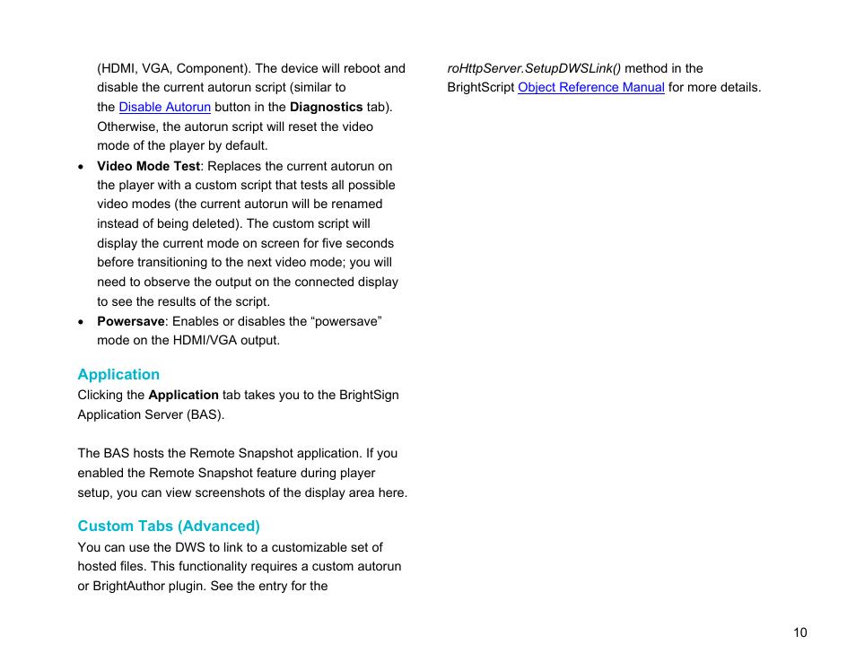 Application, Custom tabs (advanced) | BrightSign Diagnostic Web Server User Guide FW v. 5.1.54 User Manual | Page 12 / 12