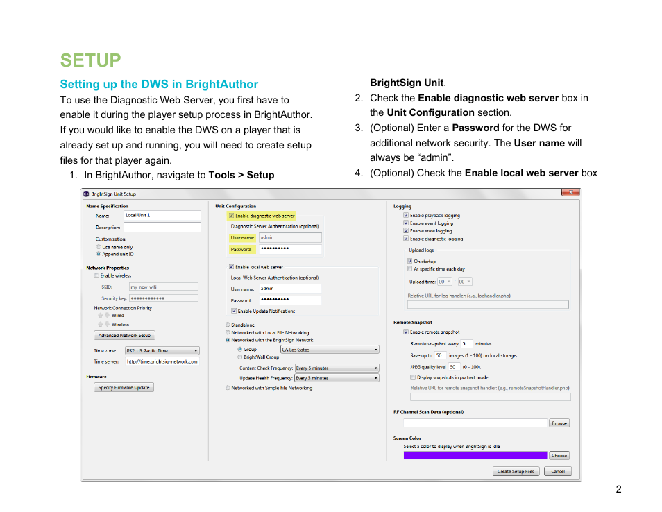 Setup, Setting up the dws in brightauthor | BrightSign Diagnostic Web Server User Guide FW v. 5.1.54 User Manual | Page 4 / 12