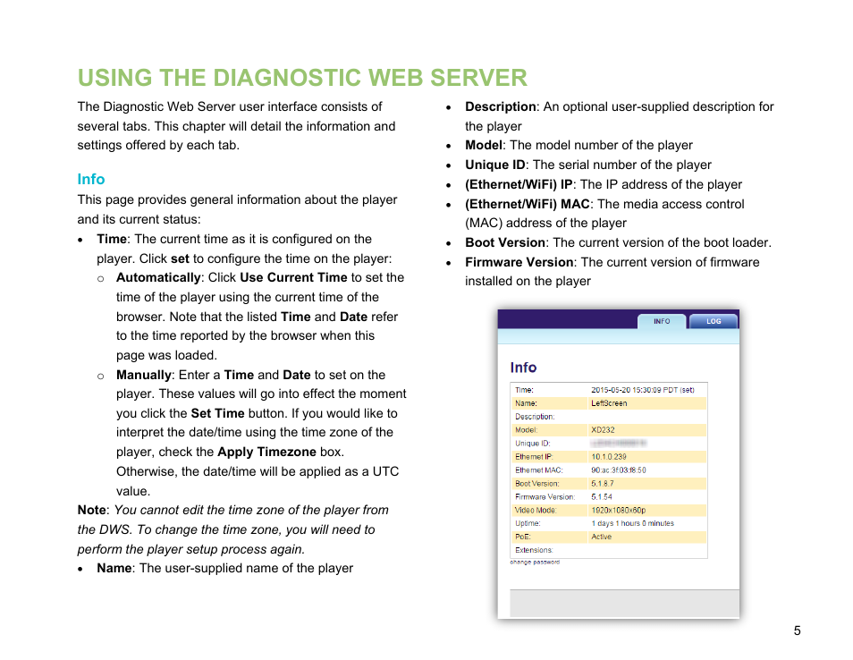 Using the diagnostic web server, Info | BrightSign Diagnostic Web Server User Guide FW v. 5.1.54 User Manual | Page 7 / 12