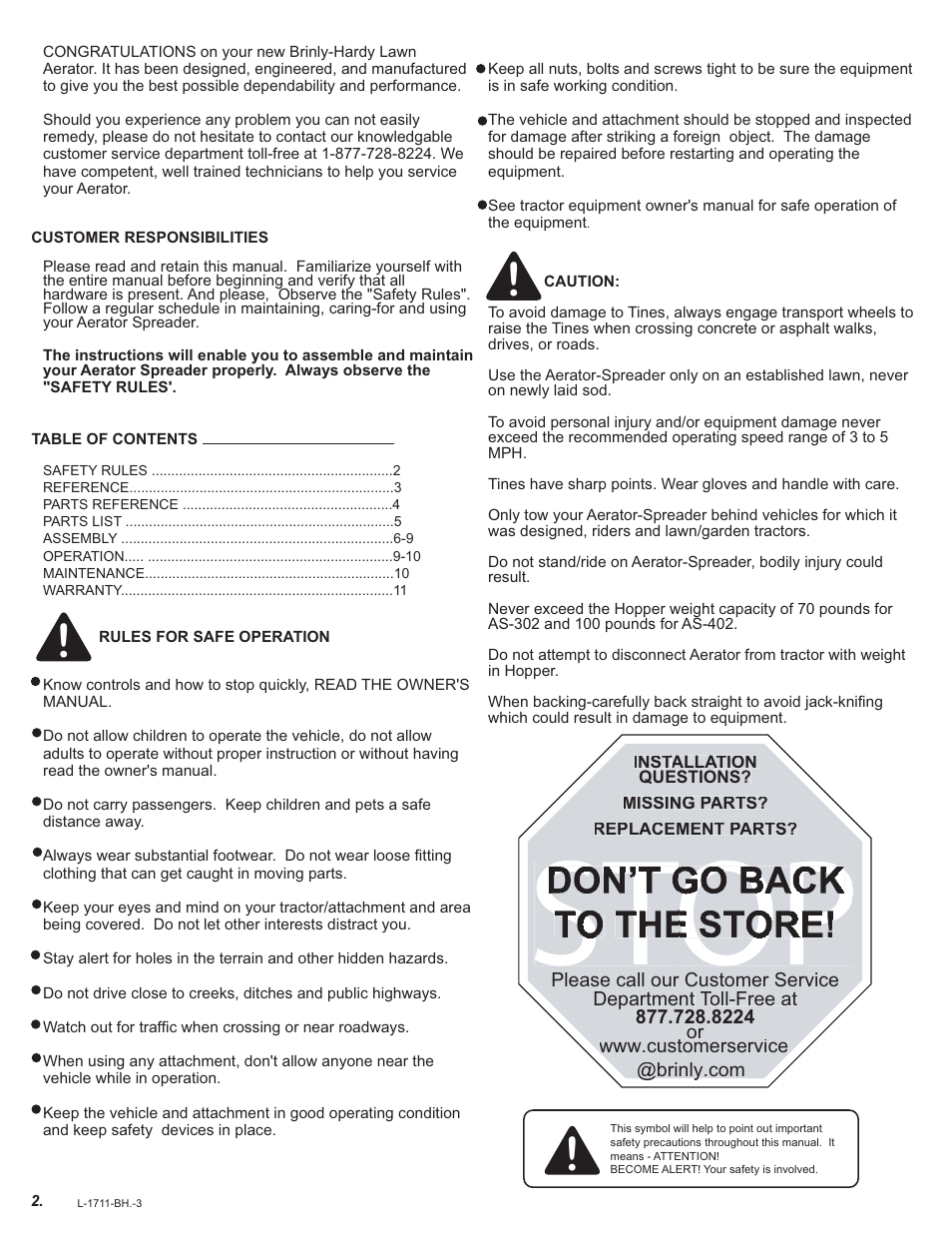 Customer responsibilities, Rules for safe operation, St t | Top s st | Brinly AS-30 BH Aerator-Spreader User Manual | Page 2 / 11