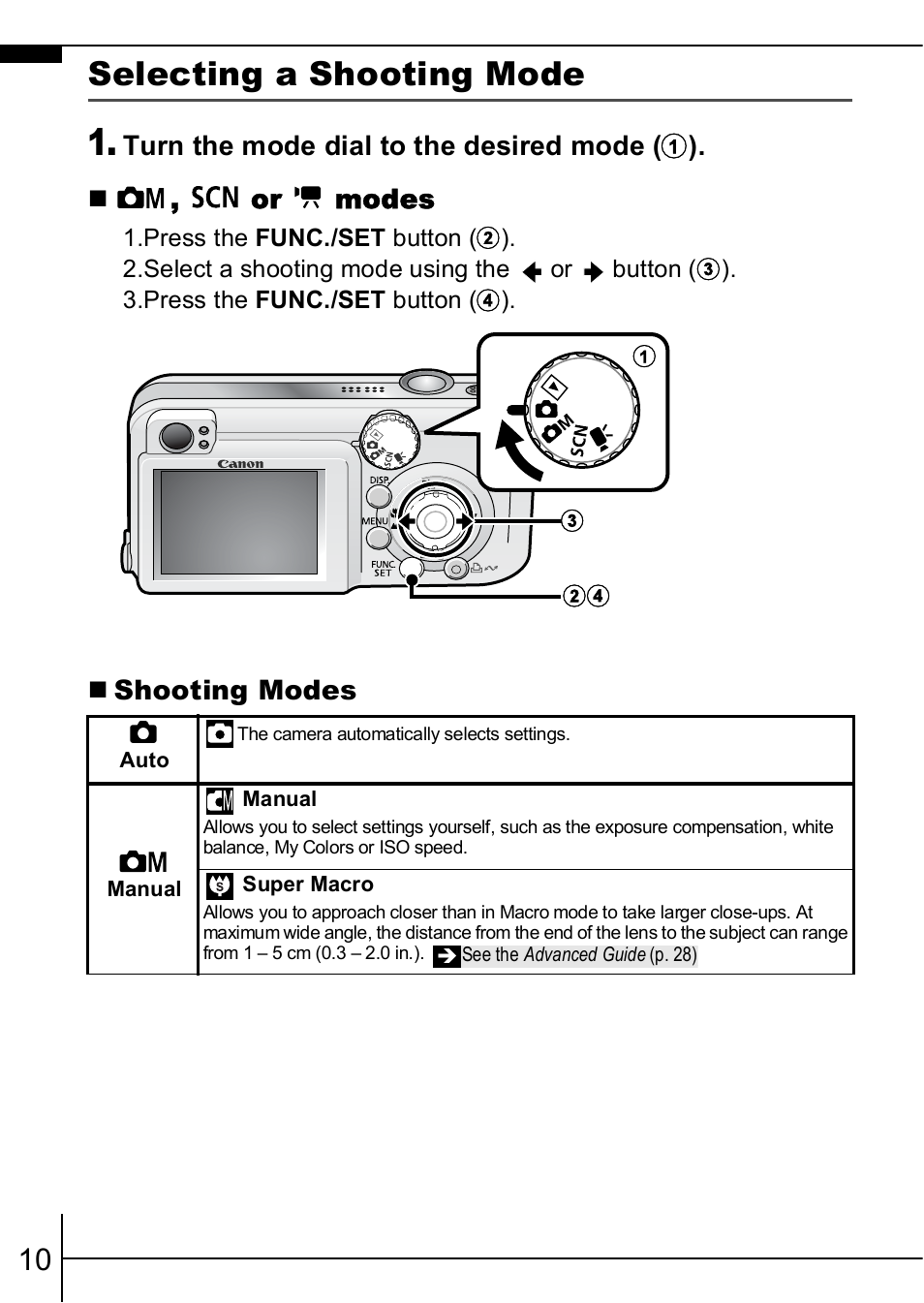 Selecting a shooting mode | Canon A460 User Manual | Page 12 / 36