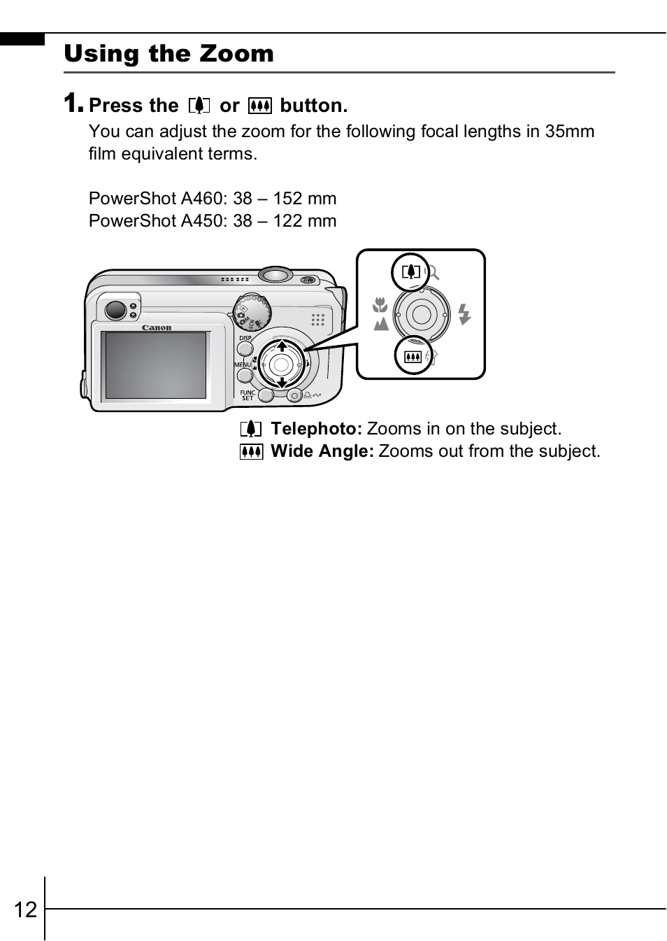 Using the zoom, P. 12 | Canon A460 User Manual | Page 14 / 36