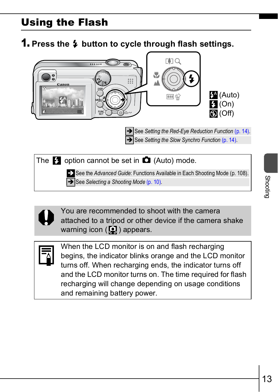 Using the flash, P. 13), Press the button to cycle through flash settings | Canon A460 User Manual | Page 15 / 36