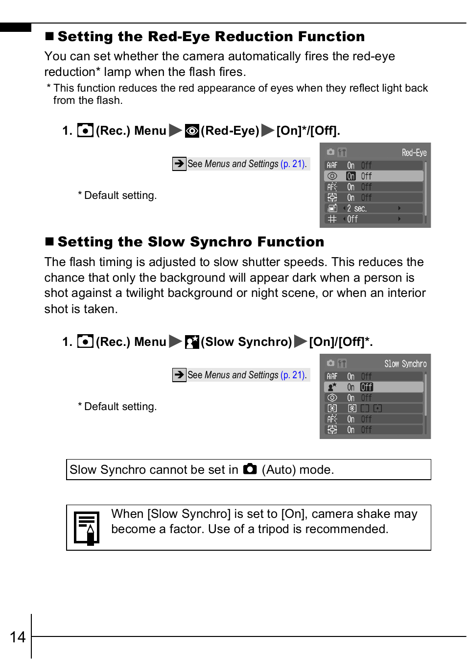 Setting the red-eye reduction function, P. 14), Setting the slow synchro function | Canon A460 User Manual | Page 16 / 36