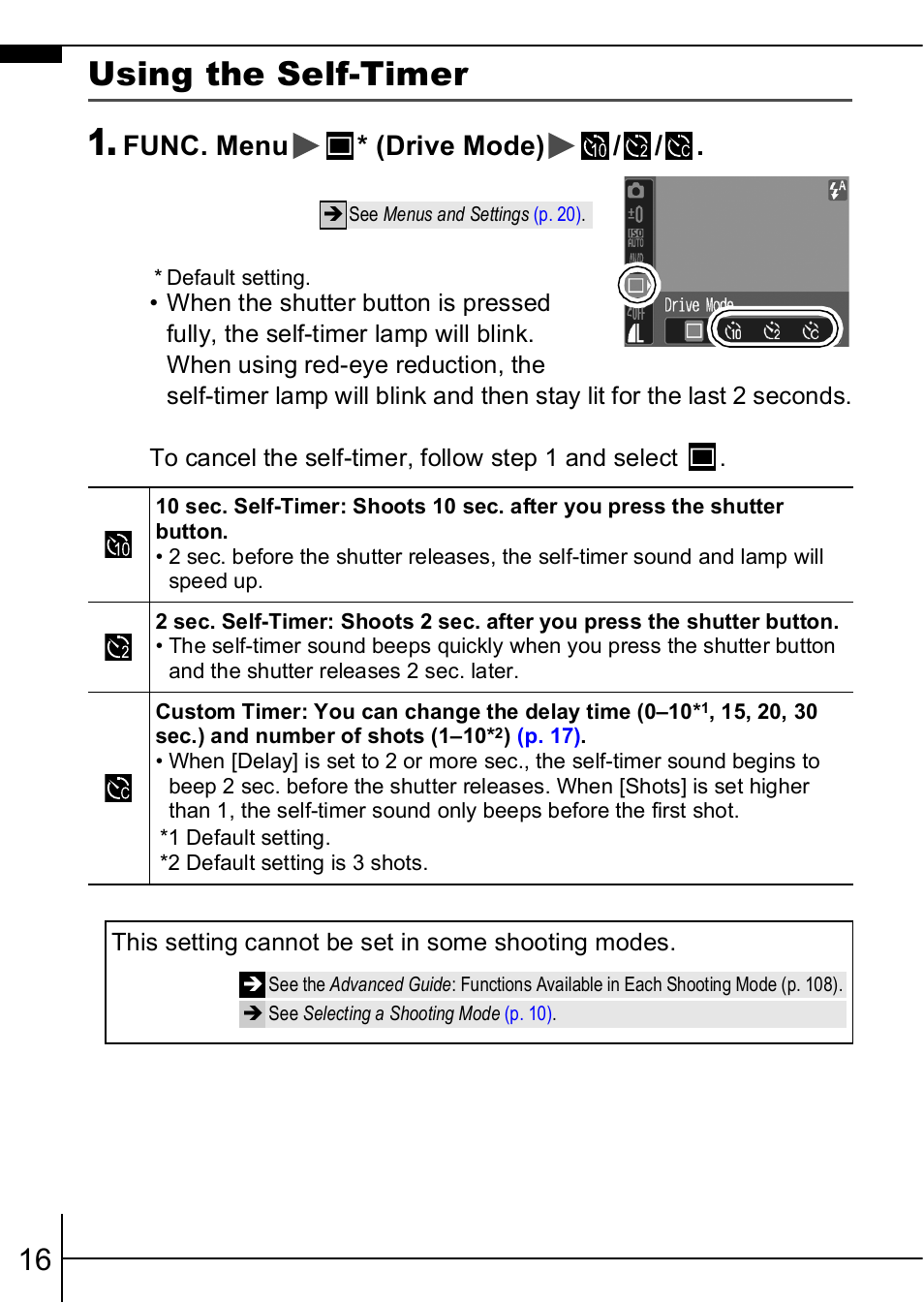 Using the self-timer, Func. menu * (drive mode) | Canon A460 User Manual | Page 18 / 36