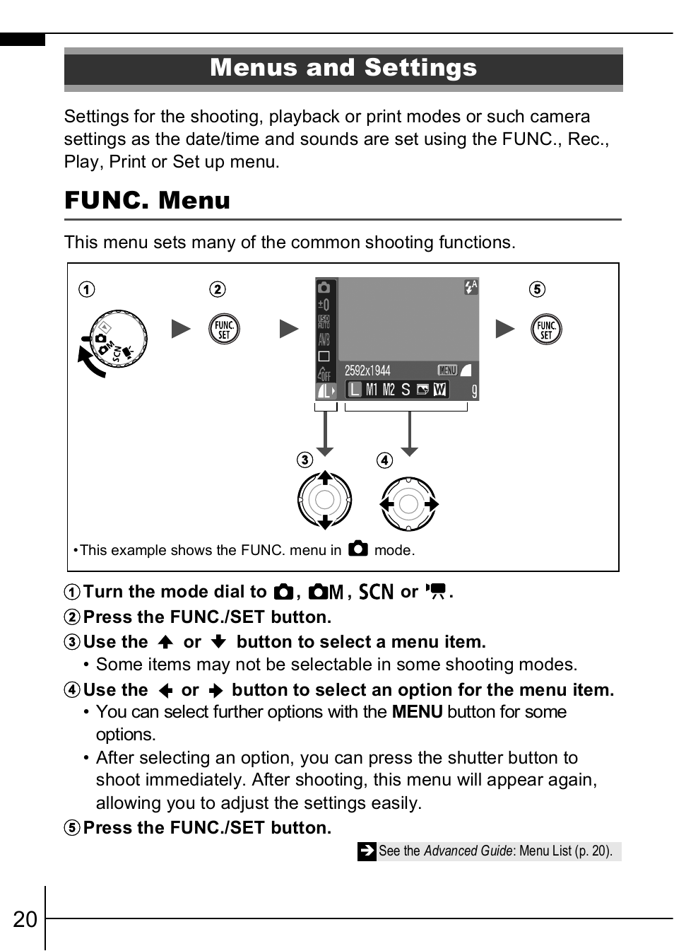 Menus and settings, Func. menu, P. 20 | P. 20) | Canon A460 User Manual | Page 22 / 36