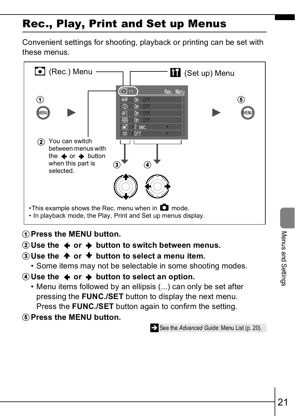 Rec., play, print and set up menus, P. 21 | Canon A460 User Manual | Page 23 / 36
