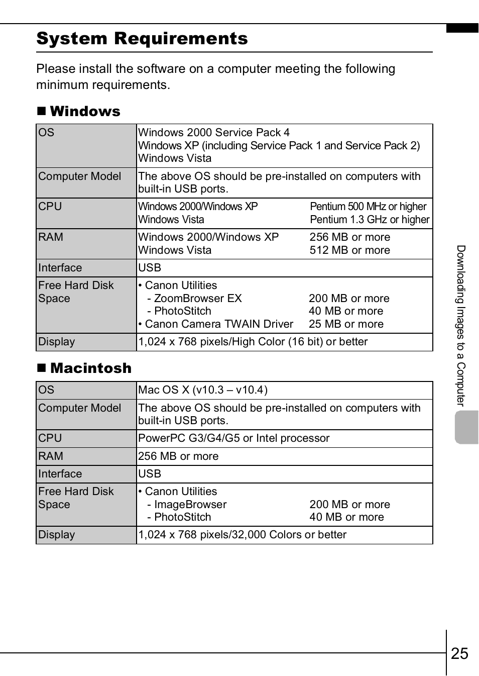 System requirements, P. 25), Windows  macintosh | Canon A460 User Manual | Page 27 / 36