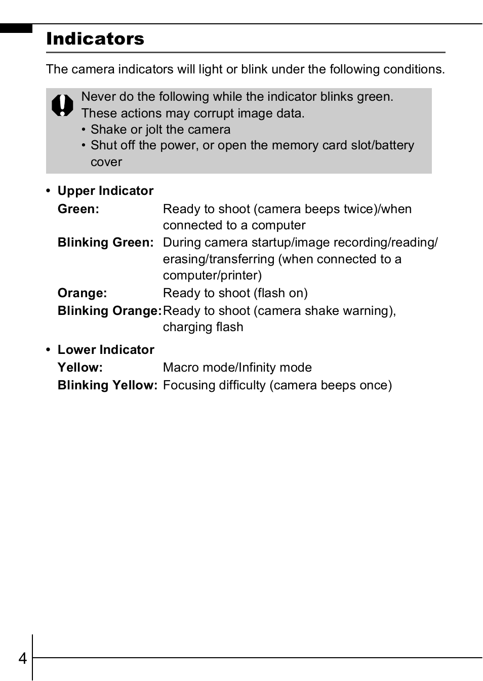 Indicators, P. 4 | Canon A460 User Manual | Page 6 / 36