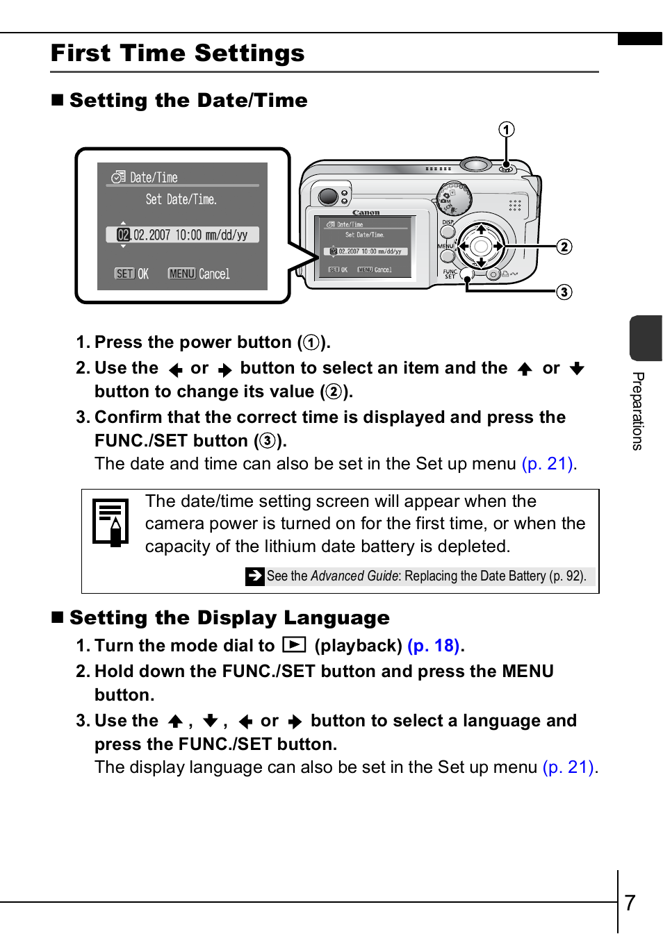 First time settings | Canon A460 User Manual | Page 9 / 36