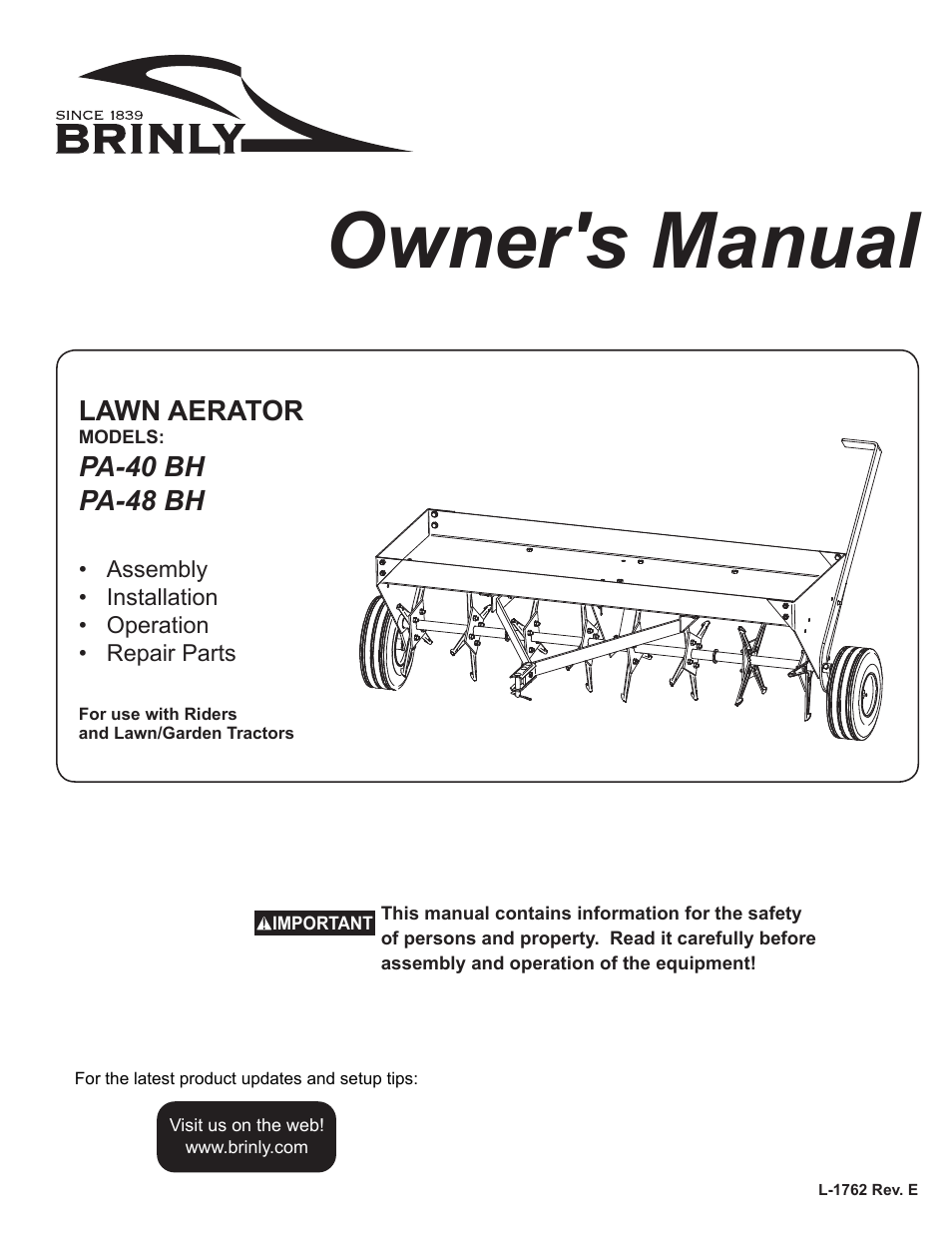 Brinly PA-40 BH Plug Aerator User Manual | 12 pages