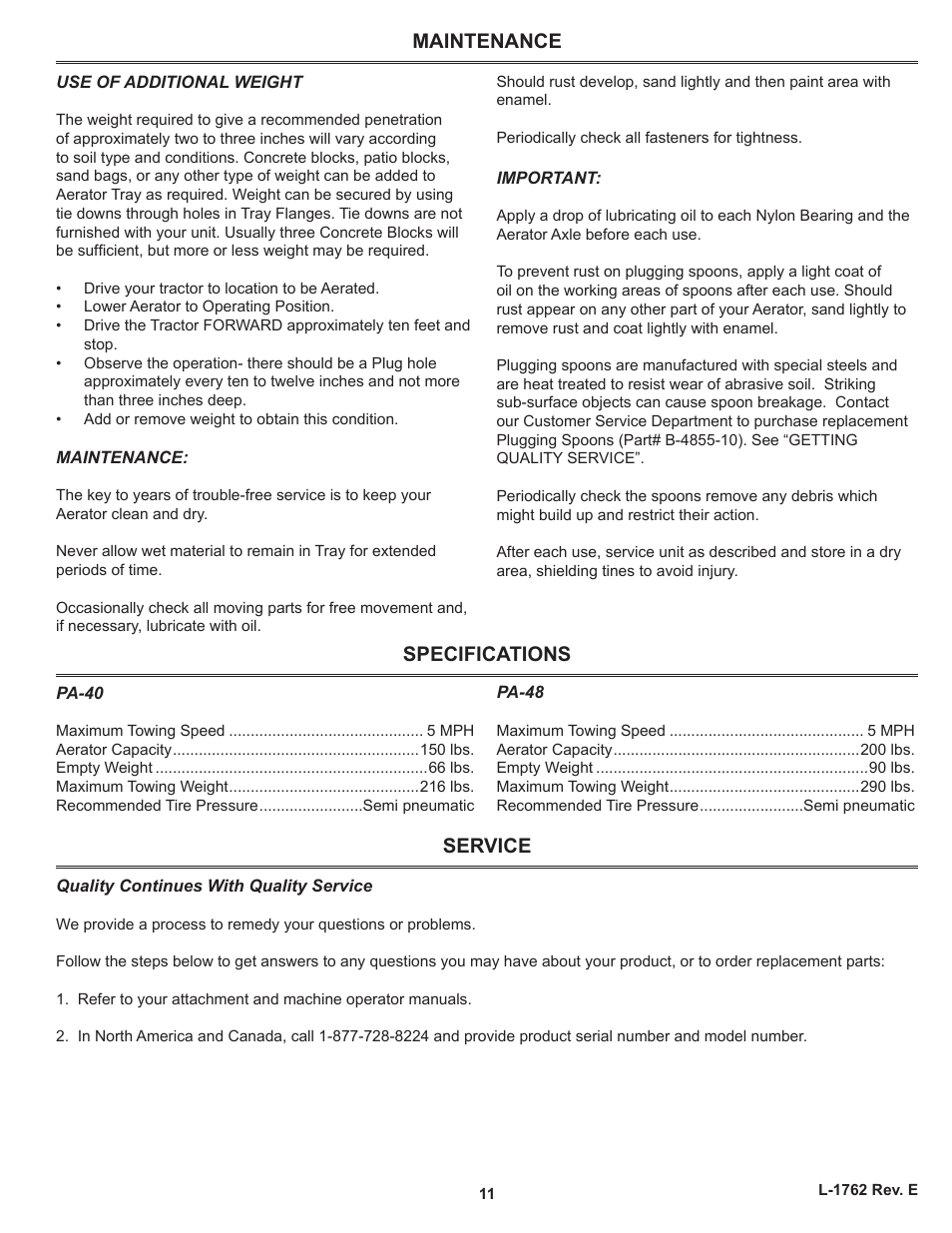 Maintenance, Specifications, Service | Maintenance specifications service | Brinly PA-40 BH Plug Aerator User Manual | Page 11 / 12