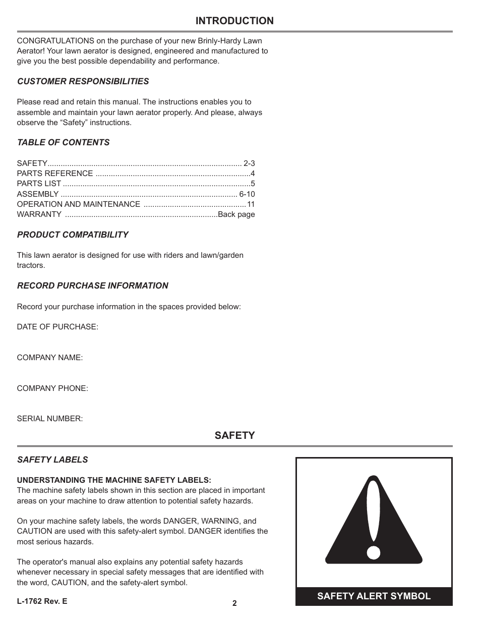 Introduction, Safety, Introduction safety | Brinly PA-40 BH Plug Aerator User Manual | Page 2 / 12