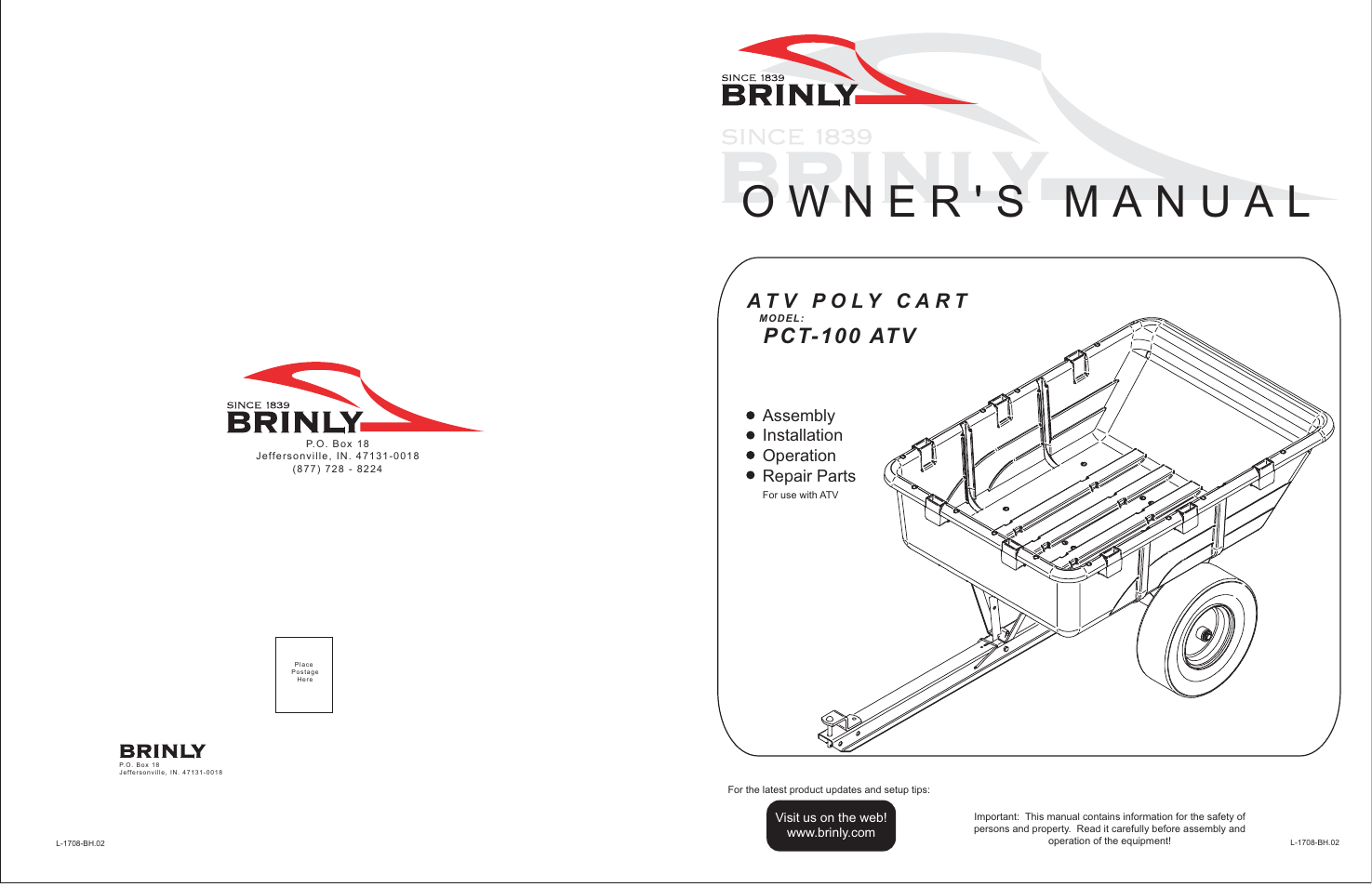 Brinly PCT-10 ATV BH Cu. Ft. ATV Cart User Manual | 12 pages