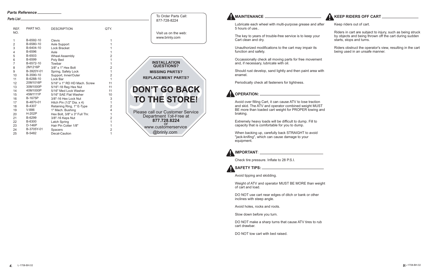 Maintenance, Operation, Safety tips | St t, Top s st | Brinly PCT-10 ATV BH Cu. Ft. ATV Cart User Manual | Page 9 / 12