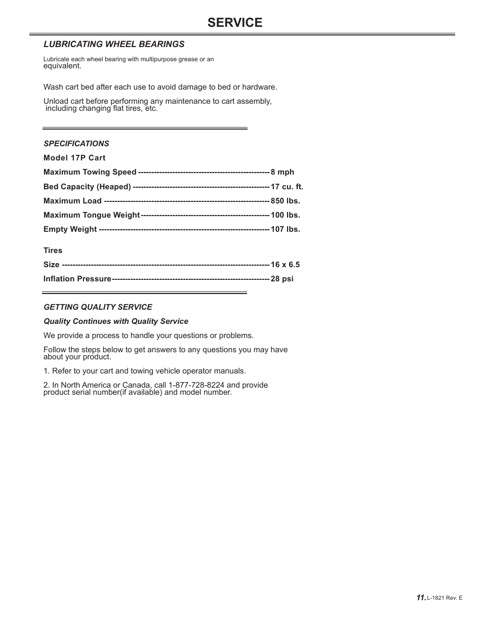 Service | Brinly PCT-17 BH Cu. Ft. Utility Cart User Manual | Page 11 / 12