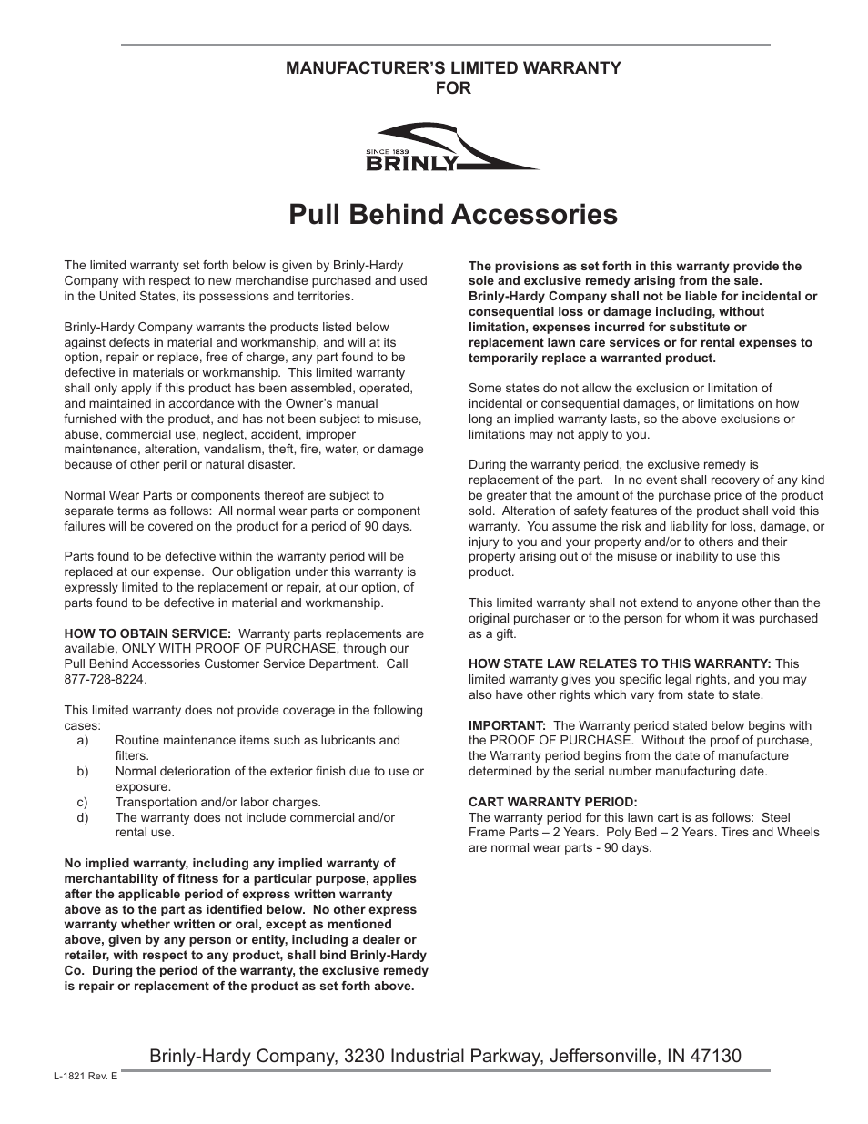 Pull behind accessories, Manufacturer’s limited warranty for | Brinly PCT-17 BH Cu. Ft. Utility Cart User Manual | Page 12 / 12