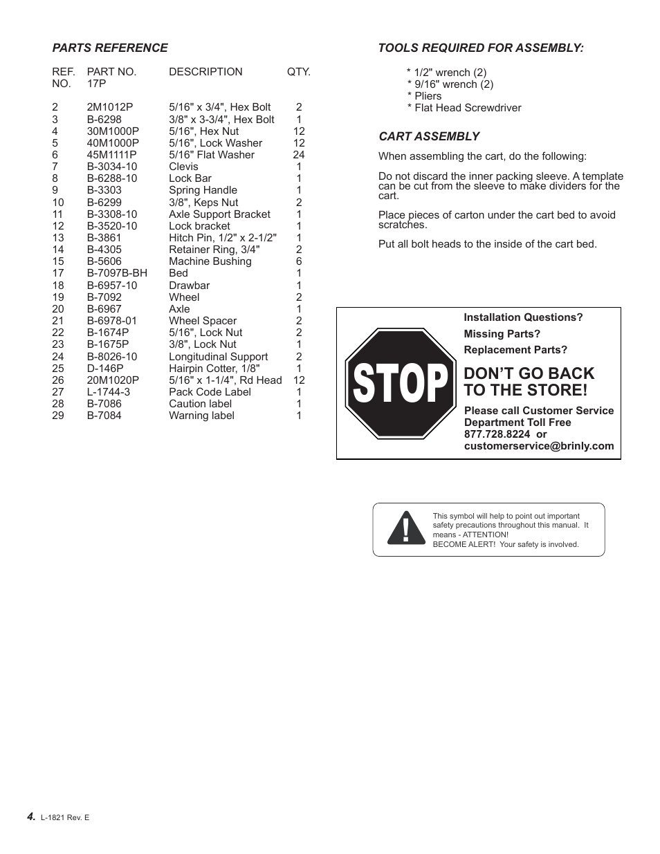 Stop, Don’t go back to the store | Brinly PCT-17 BH Cu. Ft. Utility Cart User Manual | Page 4 / 12