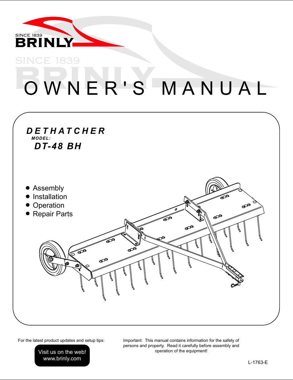 Brinly DT-48 BH Dethatcher User Manual | 12 pages