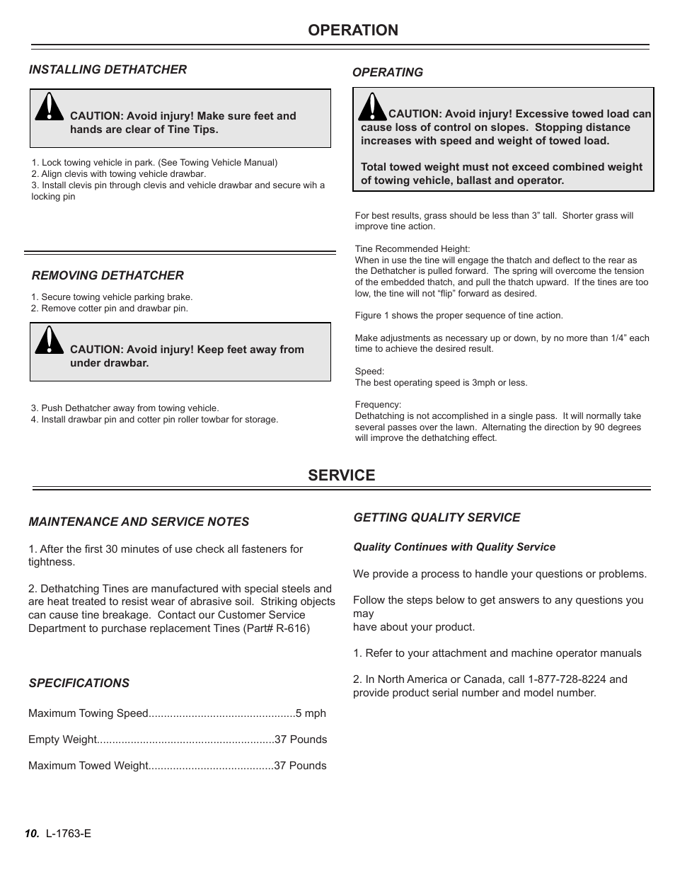 Service, Operation | Brinly DT-48 BH Dethatcher User Manual | Page 10 / 12