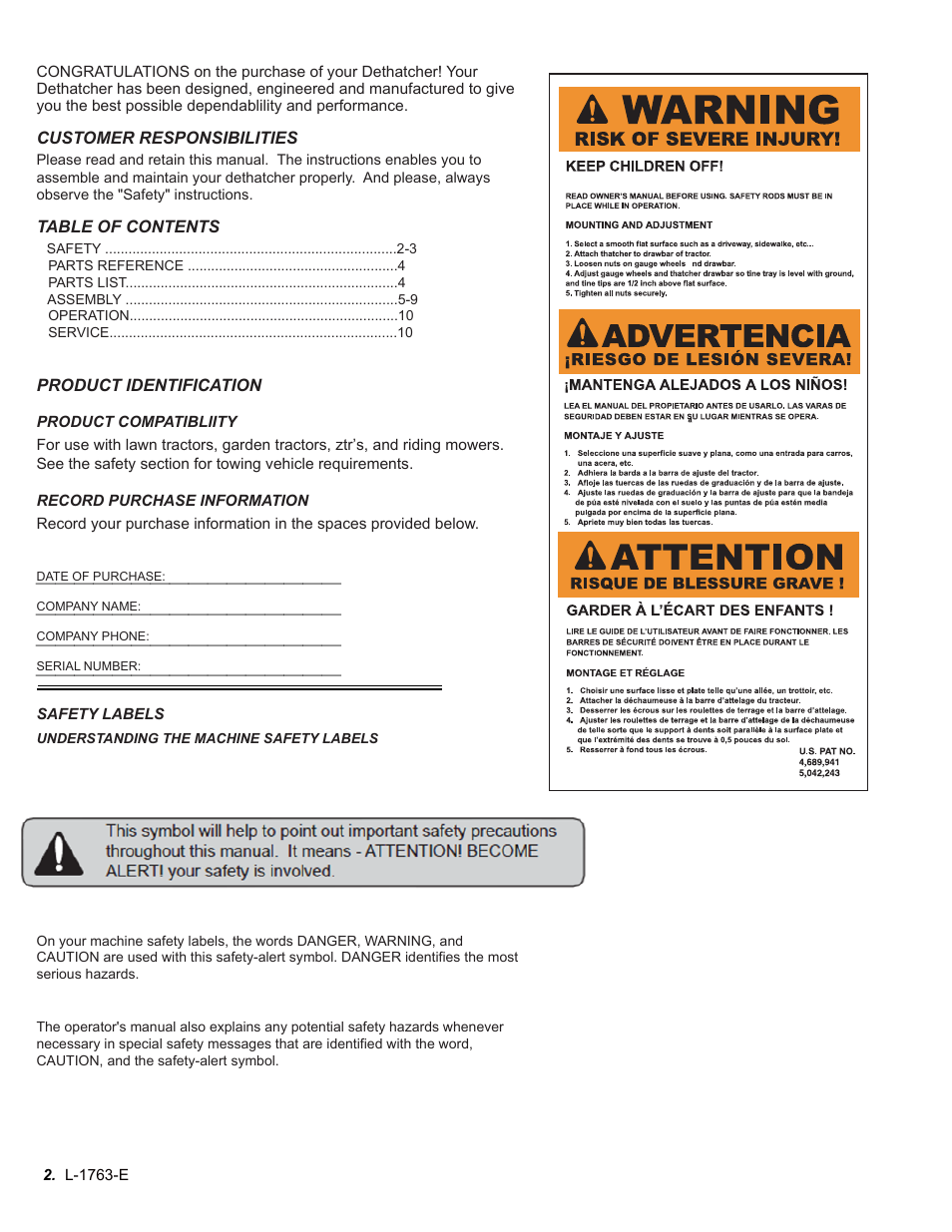 Brinly DT-48 BH Dethatcher User Manual | Page 2 / 12