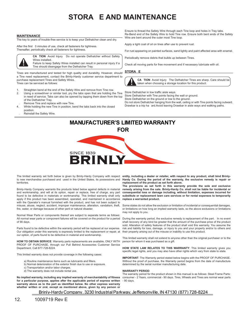 Stora e and maintenance, Manufacturer’s limited warranty for | Brinly DTZ-48 BH ZTR Front-Mount Dethatcher User Manual | Page 12 / 12