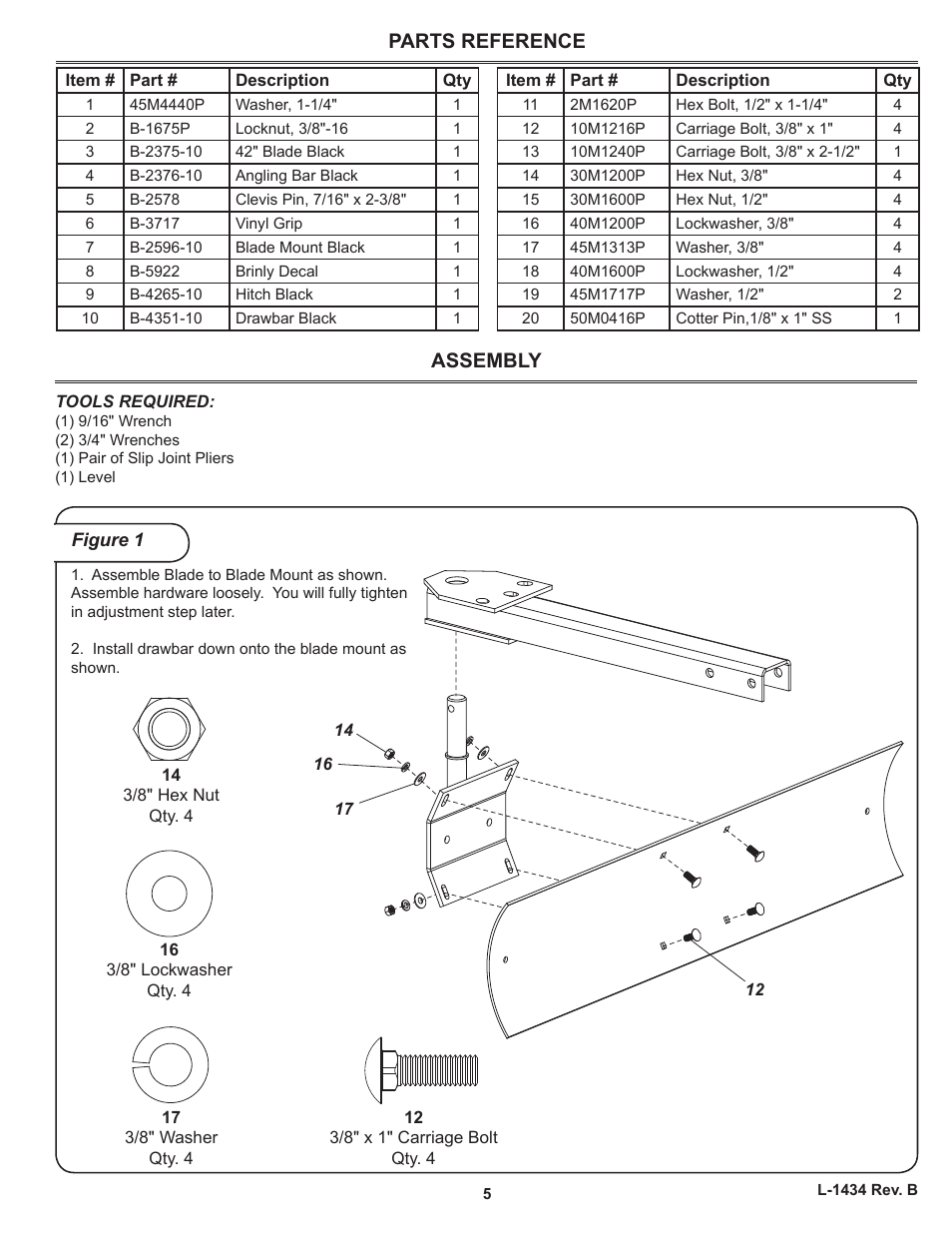 Parts reference, Assembly | Brinly BB-56 BH Rear Blade User Manual | Page 5 / 8