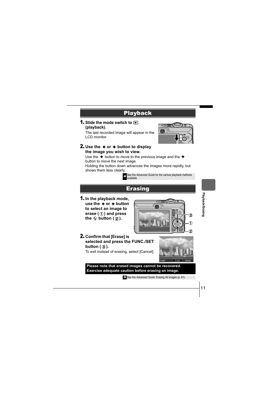 Playback, Erasing | Canon IXUS 55 User Manual | Page 13 / 26