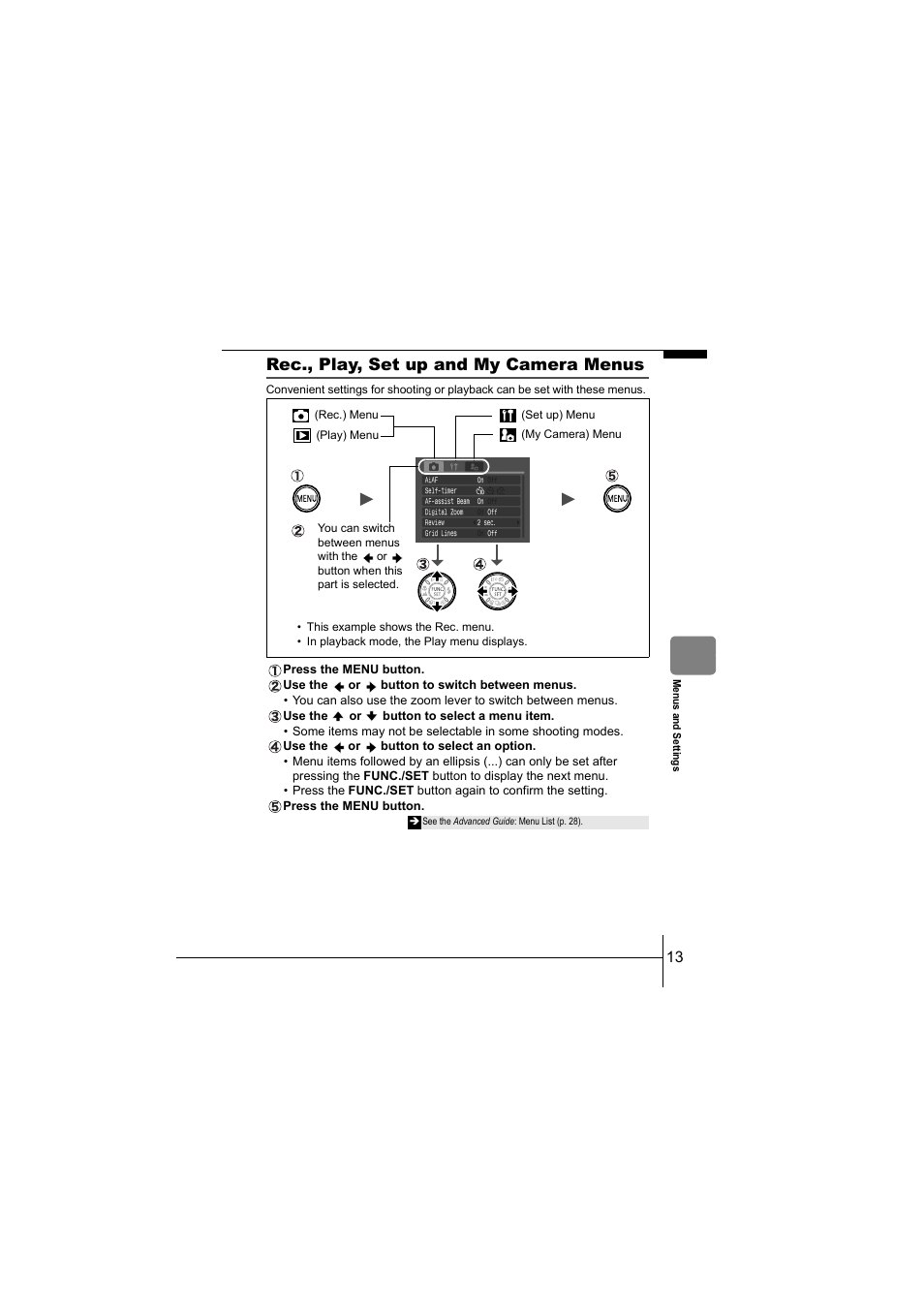 P. 13), Rec., play, set up and my camera menus | Canon IXUS 55 User Manual | Page 15 / 26