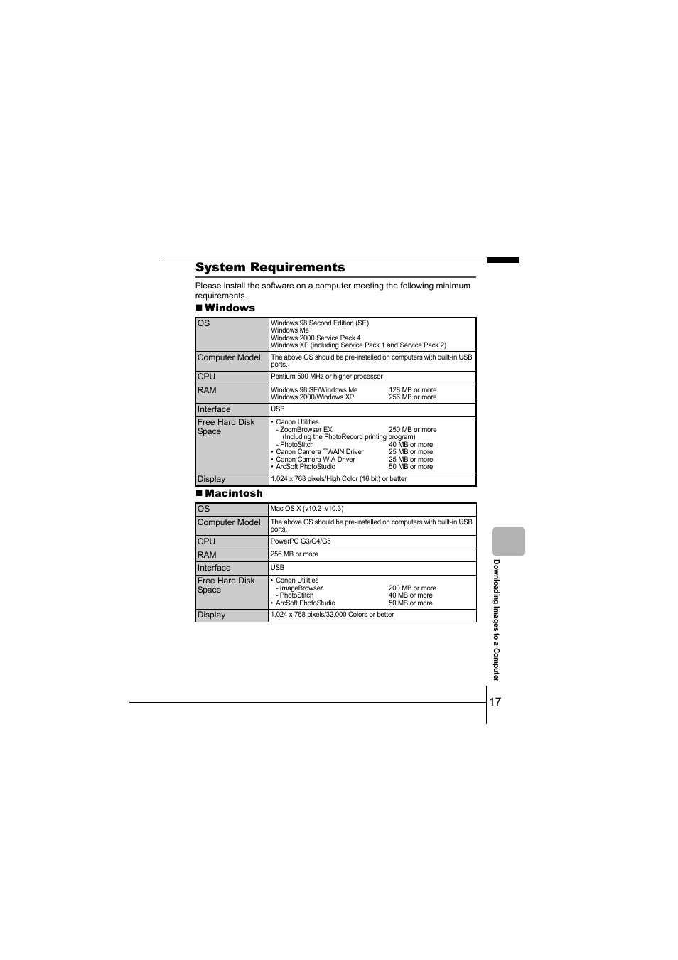 P. 17), System requirements | Canon IXUS 55 User Manual | Page 19 / 26