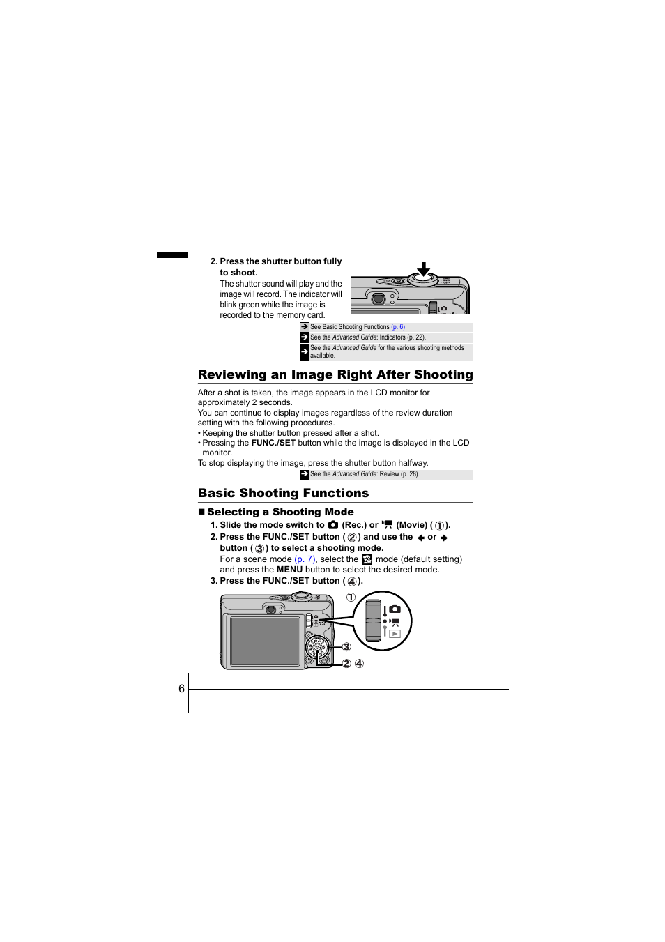 Reviewing an image right after shooting, Basic shooting functions | Canon IXUS 55 User Manual | Page 8 / 26