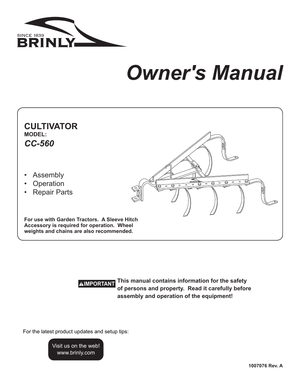 Brinly CC-560 BH Cultivator User Manual | 8 pages