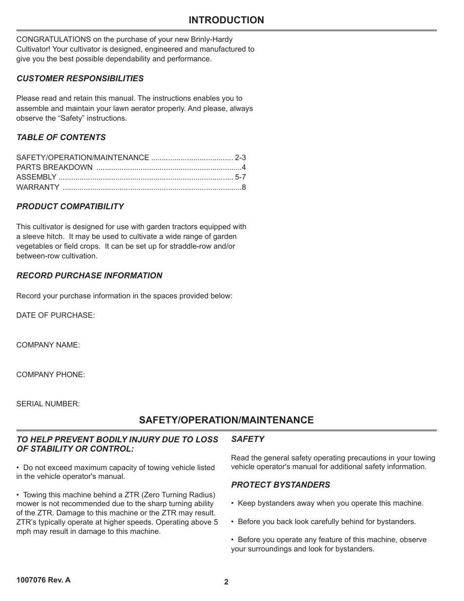 Introduction, Safety, Introduction safety/operation/maintenance | Brinly CC-560 BH Cultivator User Manual | Page 2 / 8