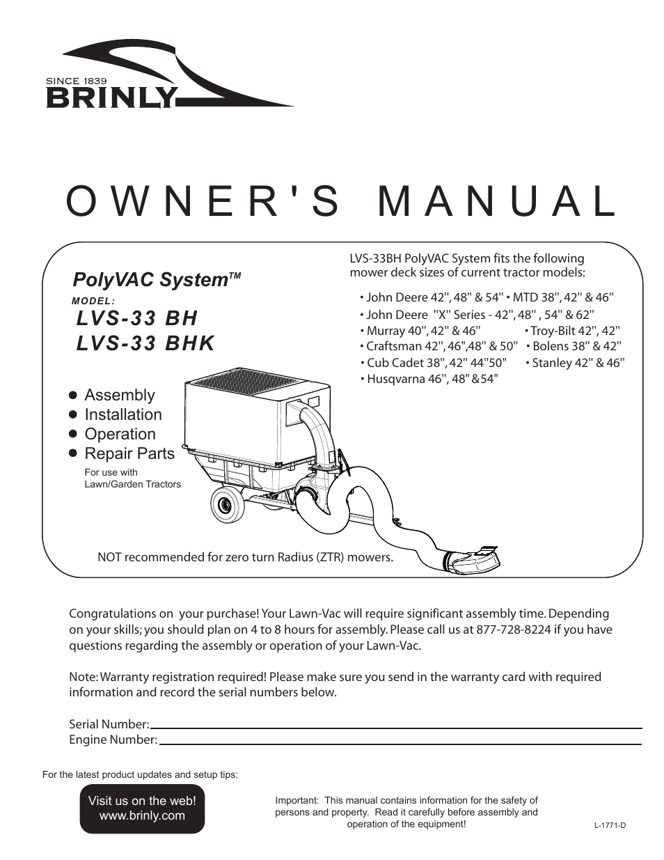 Brinly LVS-33 BH PolyVAC System User Manual | 32 pages