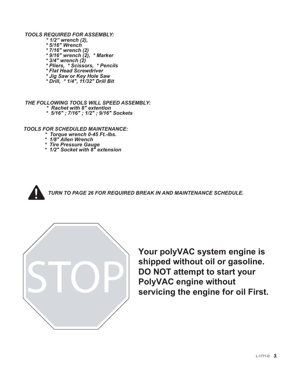 Stop | Brinly LVS-33 BH PolyVAC System User Manual | Page 3 / 32