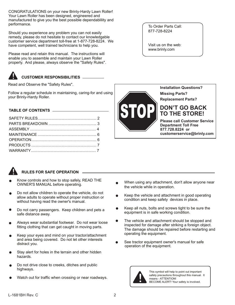 Stop, Don’t go back to the store | Brinly PRC-241 Lawn Roller User Manual | Page 2 / 7