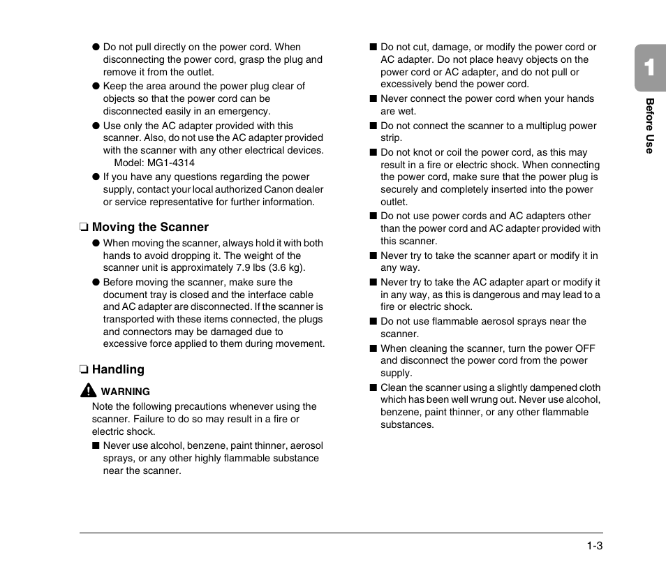 Moving the scanner, Handling, Moving the scanner -3 handling -3 | Canon 300 User Manual | Page 13 / 100