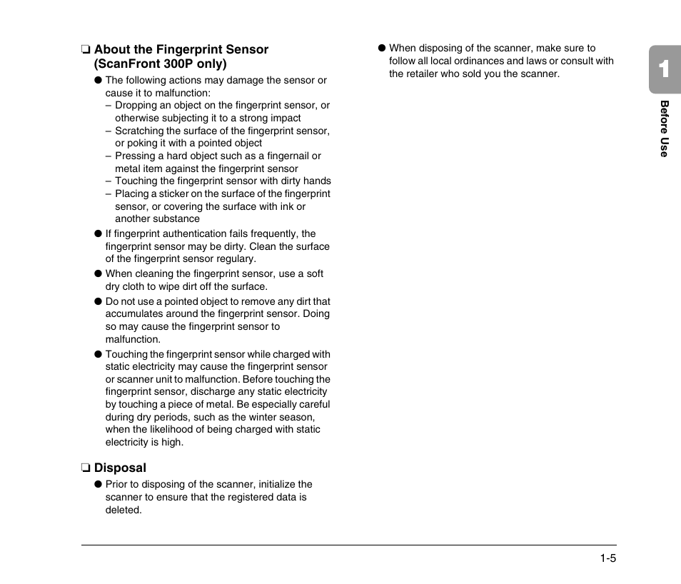 About the fingerprint sensor (scanfront 300p only), Disposal | Canon 300 User Manual | Page 15 / 100