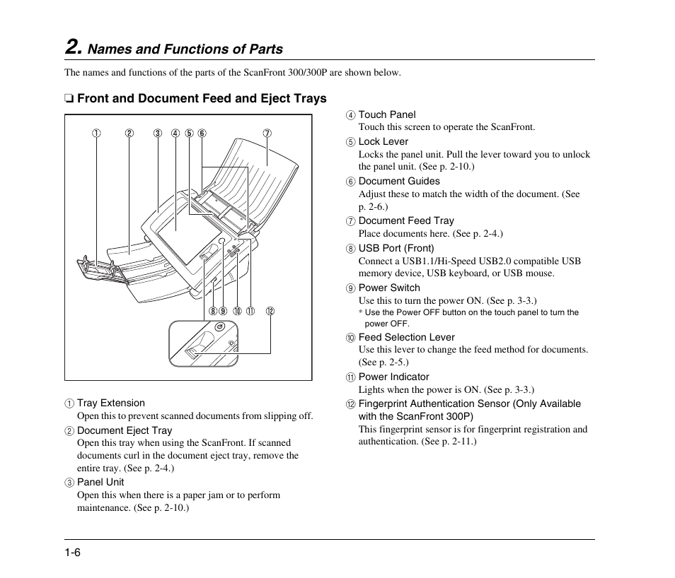 Names and functions of parts, Front and document feed and eject trays, Names and functions of parts -6 | Front and document feed and eject trays -6 | Canon 300 User Manual | Page 16 / 100