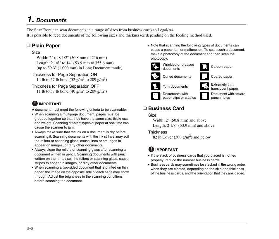 Documents, Plain paper, Business card | Documents -2, Plain paper -2 business card -2 | Canon 300 User Manual | Page 20 / 100