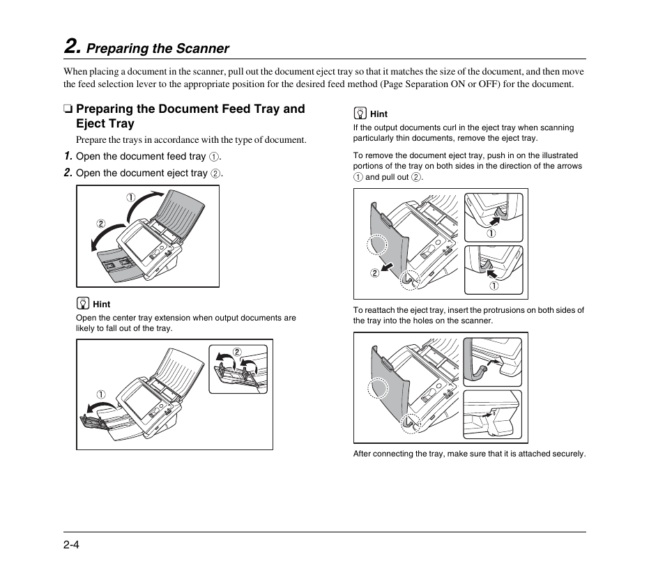 Preparing the scanner, Preparing the document feed tray and eject tray, Preparing the scanner -4 | Preparing the document feed tray and eject tray -4, See p. 2-4.) | Canon 300 User Manual | Page 22 / 100