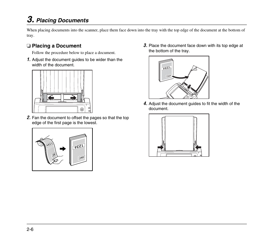 Placing documents, Placing a document, Placing documents -6 | Placing a document -6, T. (see p. 2-6.) | Canon 300 User Manual | Page 24 / 100