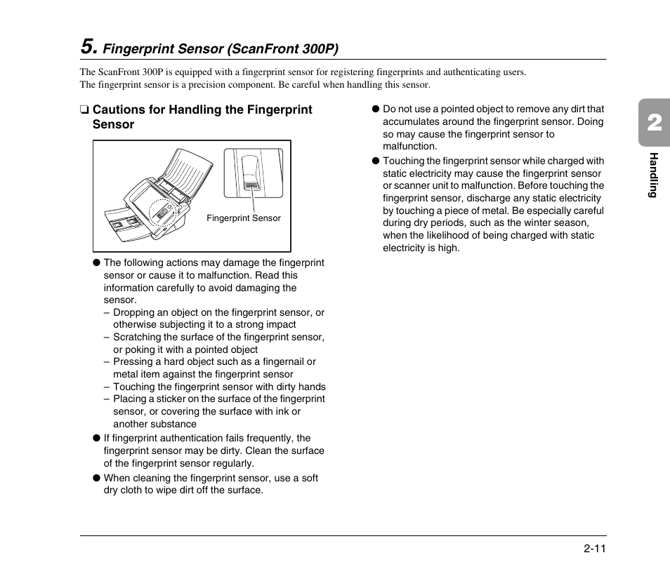 Fingerprint sensor (scanfront 300p), Cautions for handling the fingerprint sensor, Fingerprint sensor (scanfront 300p) -11 | Cautions for handling the fingerprint sensor -11, See p. 2-11.) | Canon 300 User Manual | Page 29 / 100