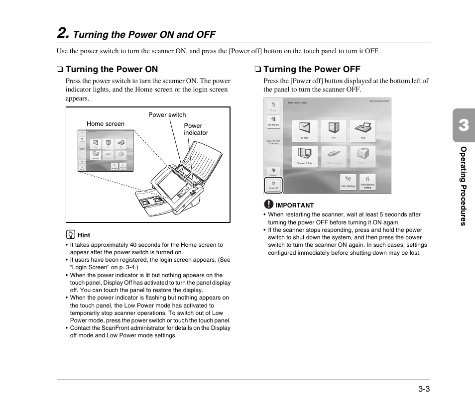 Turning the power on and off, Turning the power on, Turning the power off | Turning the power on and off -3, Turning the power on -3 turning the power off -3, See p. 3-3.) | Canon 300 User Manual | Page 33 / 100