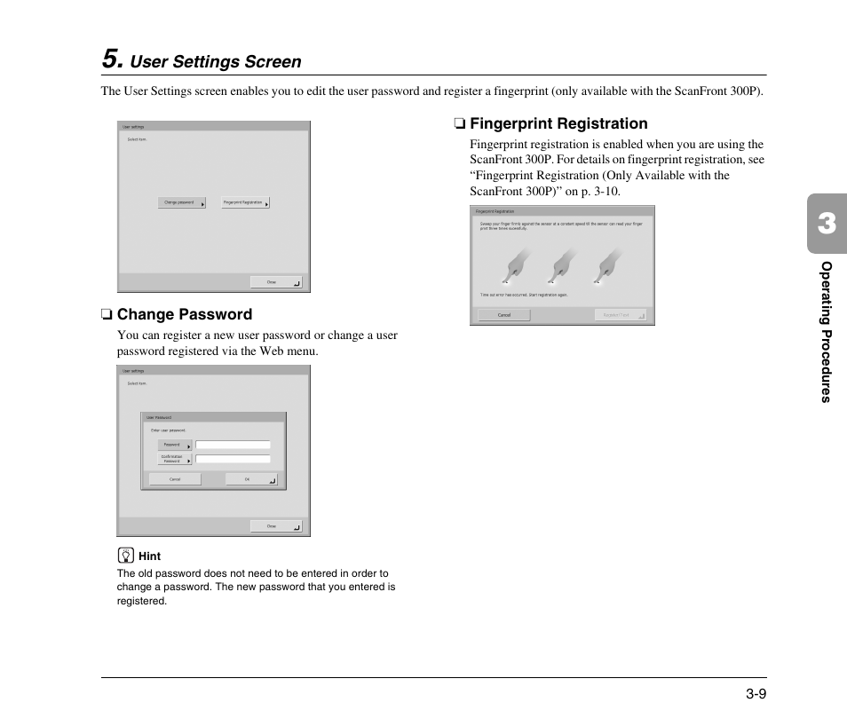 User settings screen, Change password, Fingerprint registration | User settings screen -9, Change password -9 fingerprint registration -9, See p. 3-9.), See “user settings screen” on p. 3-9.) | Canon 300 User Manual | Page 39 / 100