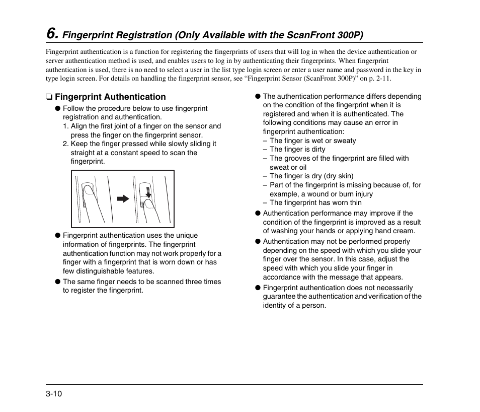 Fingerprint authentication, Fingerprint registration, Only available with the scanfront 300p) -10 | Fingerprint authentication -10, Fingerprint registration (only available, With the scanfront 300p) -10, See p. 3-10.) | Canon 300 User Manual | Page 40 / 100