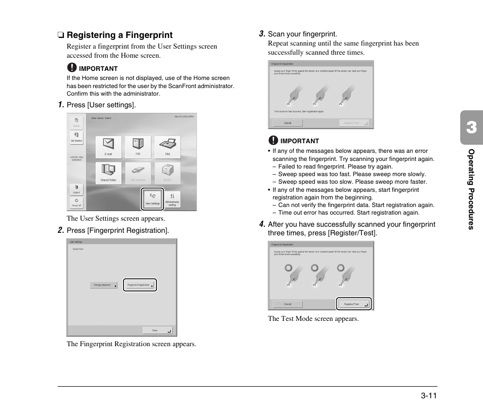 Registering a fingerprint, Registering a fingerprint -11 | Canon 300 User Manual | Page 41 / 100