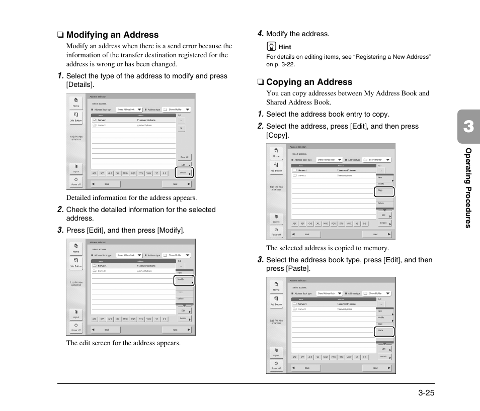 Modifying an address, Copying an address, Modifying an address -25 copying an address -25 | Canon 300 User Manual | Page 55 / 100