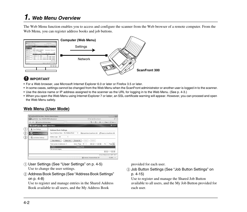 Web menu overview, Web menu overview -2 | Canon 300 User Manual | Page 68 / 100